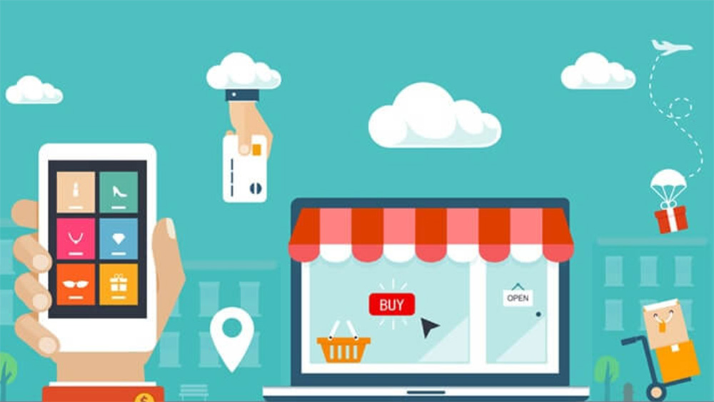 تصویر انیمیشنی هست که عکس یه موبایل و مغازه هست درباره فروشگاه اینترنتی است